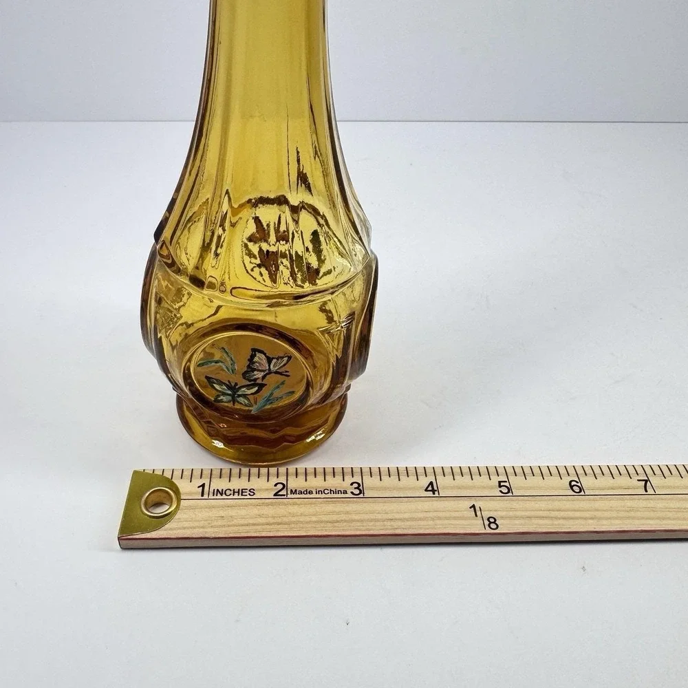 Vintage Amber Glass Bottle Vase Hand Painted Floral Panels Narrow Neck Decor‎